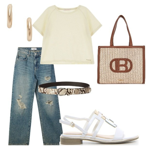 Outfit donna - E siamo in Agosto....... Stile Casual per Tutti i giorni. Abbinamento con cinture, jeans strappati, t-shirt, orecchini, borse a spalla, sandali.