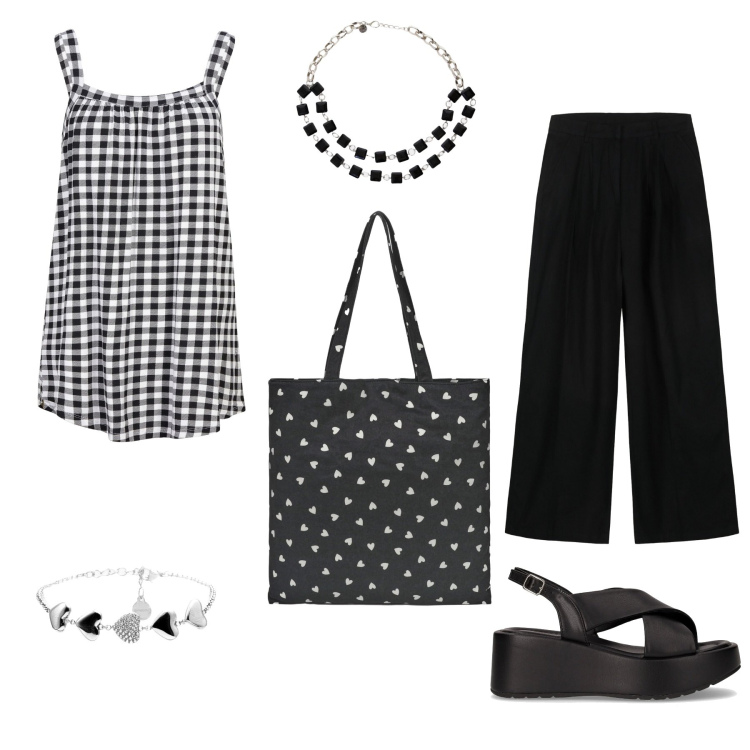 Outfit donna - Mattina Informale. Stile Casual chic per Tutti i giorni. Abbinamento con top, borse tote, braccialetti, collane, pantaloni, sandali.
