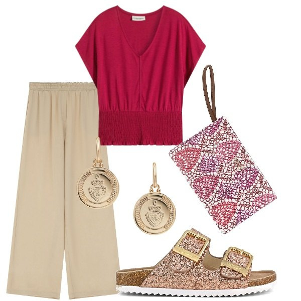 Outfit donna - E siamo in Agosto....... Stile Casual per Tutti i giorni. Abbinamento con maglieria, pantaloni a palazzo, orecchini, sandali, pochette.