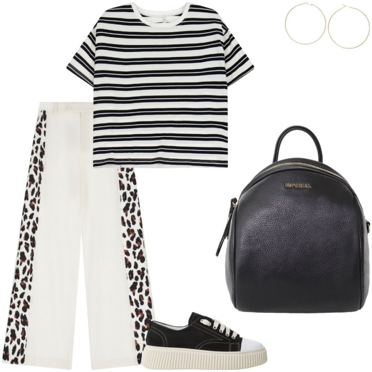 Outfit donna - Mix and match di fantasie. Stile Casual per Tutti i giorni. Abbinamento con pantaloni a palazzo, sneakers, t-shirt, zaini, orecchini.