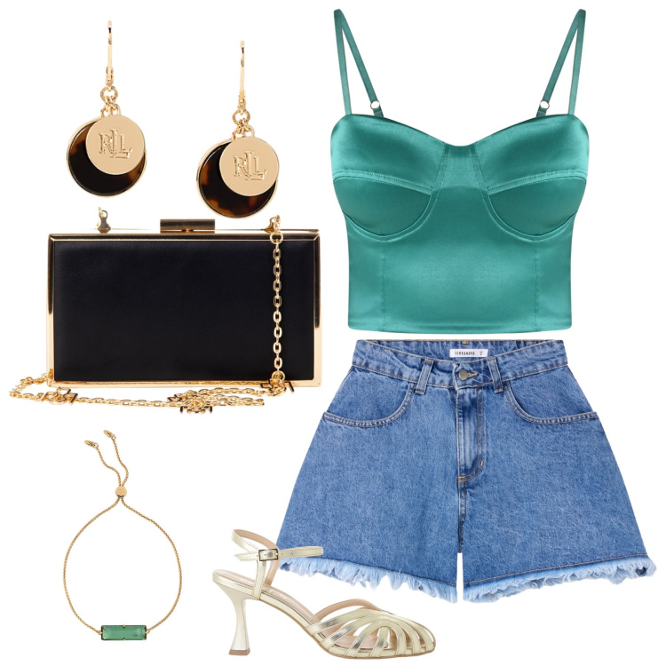 Outfit donna - Summer. Stile Casual chic per Serata fuori. Abbinamento con shorts, pochette, canottiere, sandali col tacco, orecchini, braccialetti.
