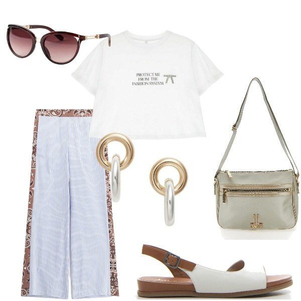 Outfit donna - E siamo in Agosto....... Stile Casual per Tutti i giorni. Abbinamento con occhiali da sole, t-shirt, pantaloni a palazzo, orecchini, sandali, borse a tracolla.