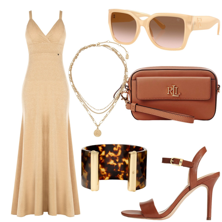 Outfit donna - Total look #2214419. Stile Glamour per Cerimonia. Abbinamento con vestiti lunghi, pochette, sandali in pelle, ciondoli, braccialetti, occhiali da sole.