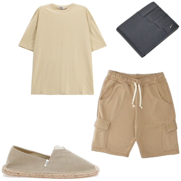 Outfit uomo - Tutti i giorni. Stile Casual per Tutti i giorni. Abbinamento con t-shirt, portafogli, pantaloni corti, espadrillas.