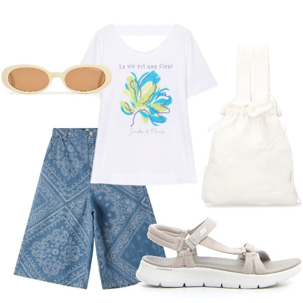Outfit donna - E siamo in Agosto....... Stile Casual per Tutti i giorni. Abbinamento con bermuda, sandali, t-shirt, occhiali da sole, borse a mano.