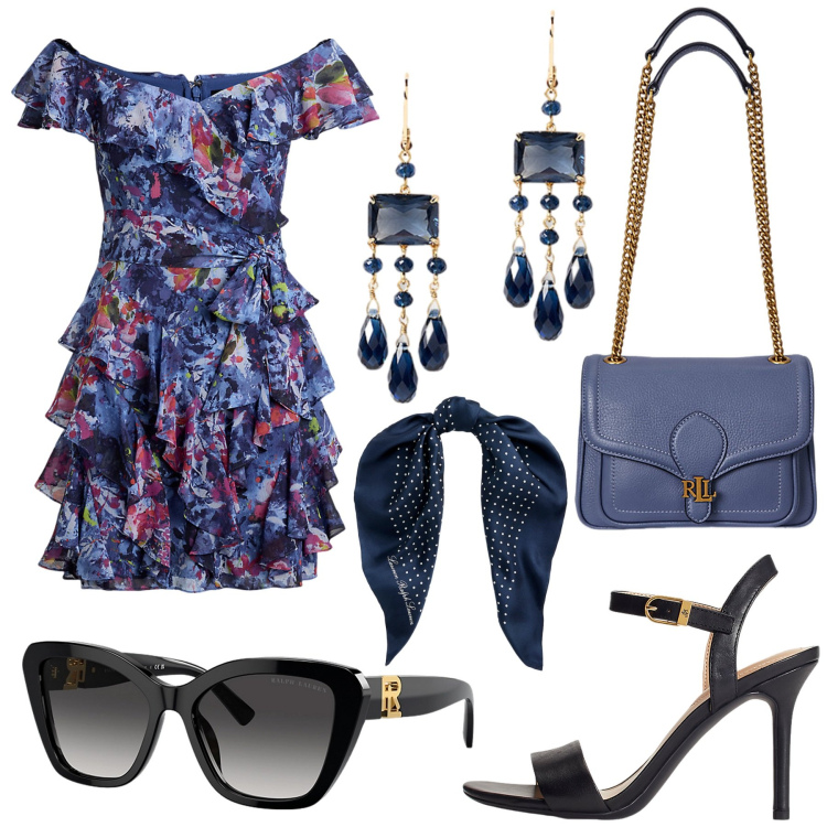 Outfit donna - Total look #2214425. Stile Casual chic per Tutti i giorni. Abbinamento con sandali in pelle, borse a spalla, occhiali da sole, foulard, vestiti, orecchini.