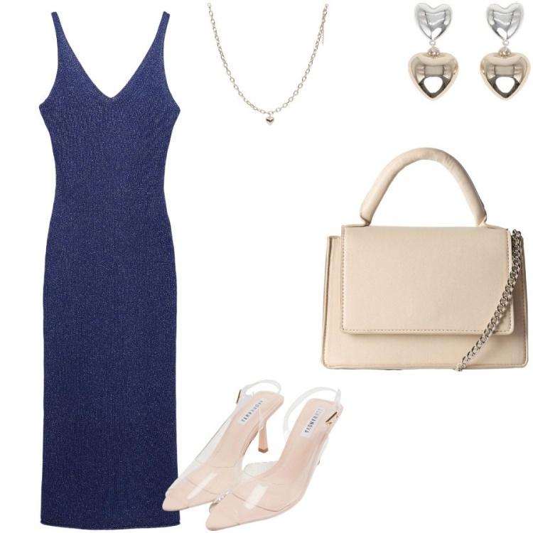 Outfit donna - L\'abito Terranova. Stile Glamour per Serata fuori. Abbinamento con vestiti lunghi, sandali col tacco, borse a tracolla, collane, orecchini.