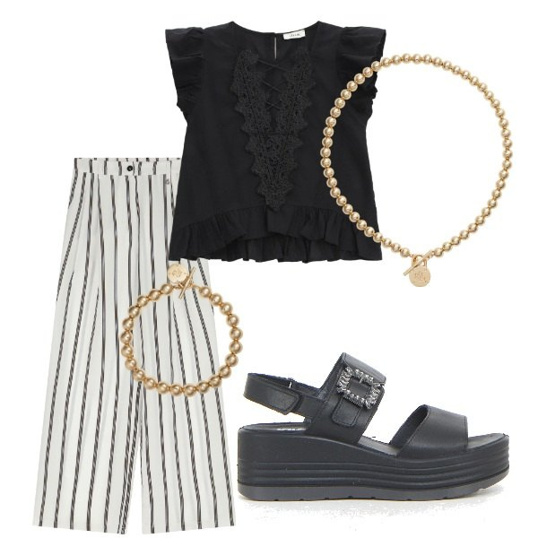 Outfit donna - Serata tra amici. Stile Casual chic per Serata fuori. Abbinamento con pantaloni, top, collane, braccialetti, sandali.