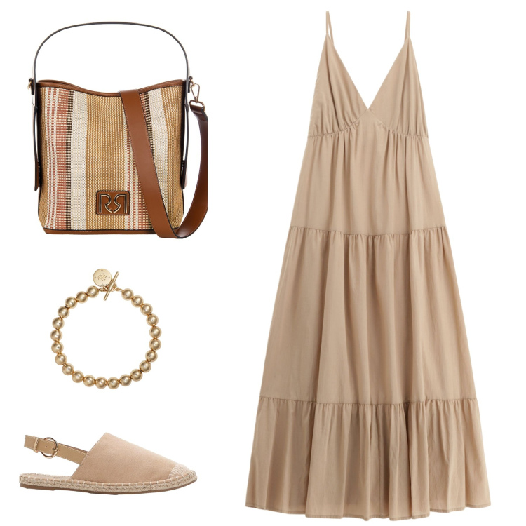 Outfit donna - Mattina informale. Stile Casual chic per Tutti i giorni. Abbinamento con espadrillas, borse a secchiello, vestiti lunghi, braccialetti.