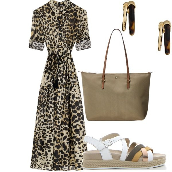 Outfit donna - Di sera ad Agosto. Stile Casual chic per Tutti i giorni. Abbinamento con vestiti, borse tote, orecchini, sandali.