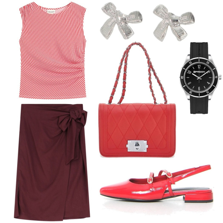 Outfit donna - Happy hour con le amiche. Stile Casual chic per Tutti i giorni. Abbinamento con top, orologi, gonne longuette, orecchini, sandali in pelle, borse a tracolla.