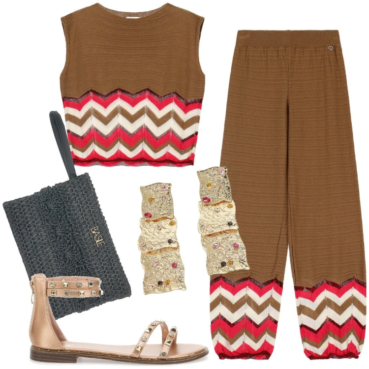 Outfit donna - Tramonto al mare. Stile Etnico per Serata fuori. Abbinamento con pantaloni, maglieria, orecchini, sandali, pochette.
