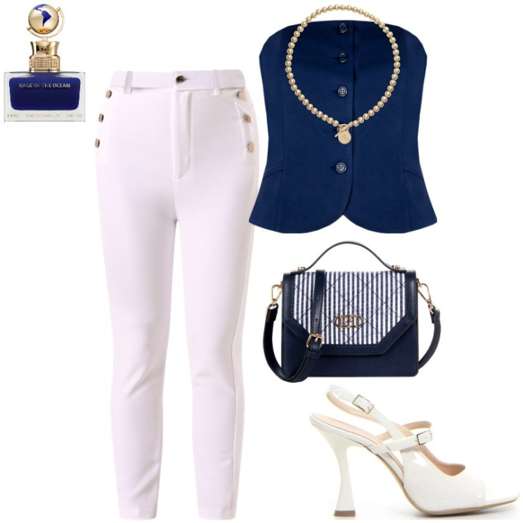 Outfit donna - Sandalo con tacco e cinturini. Stile Casual chic per Tutti i giorni. Abbinamento con profumi, top, borse a mano, pantaloni, collane, sandali col tacco.