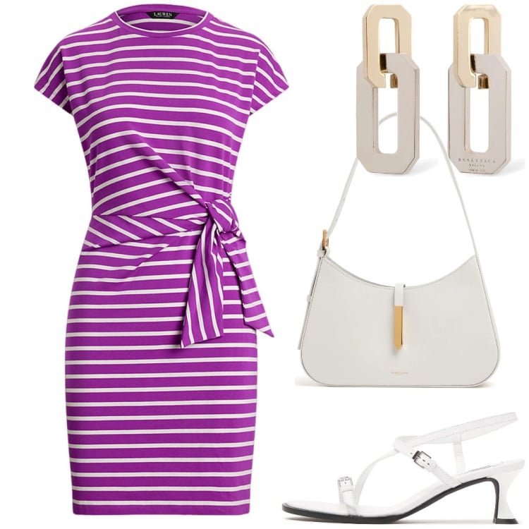Outfit donna - In vacanza al mare. Stile Casual chic per Tutti i giorni. Abbinamento con vestiti, borse a spalla, orecchini, sandali in pelle.