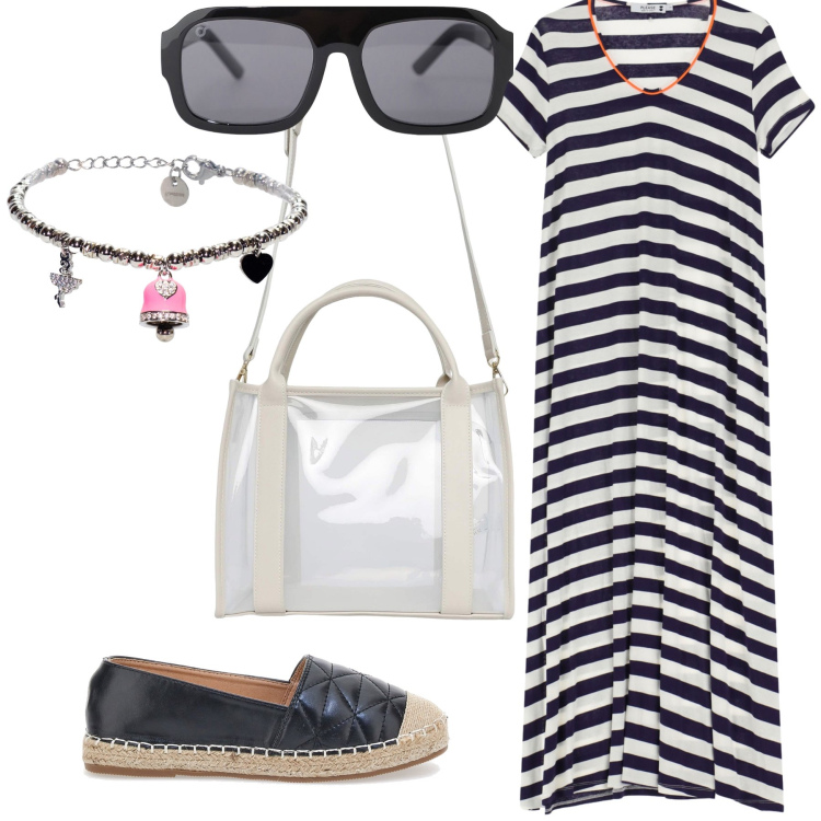 Outfit donna - Riviera look. Stile Sporty chic per Tutti i giorni. Abbinamento con borse tote, vestiti lunghi, occhiali da sole, braccialetti, espadrillas.