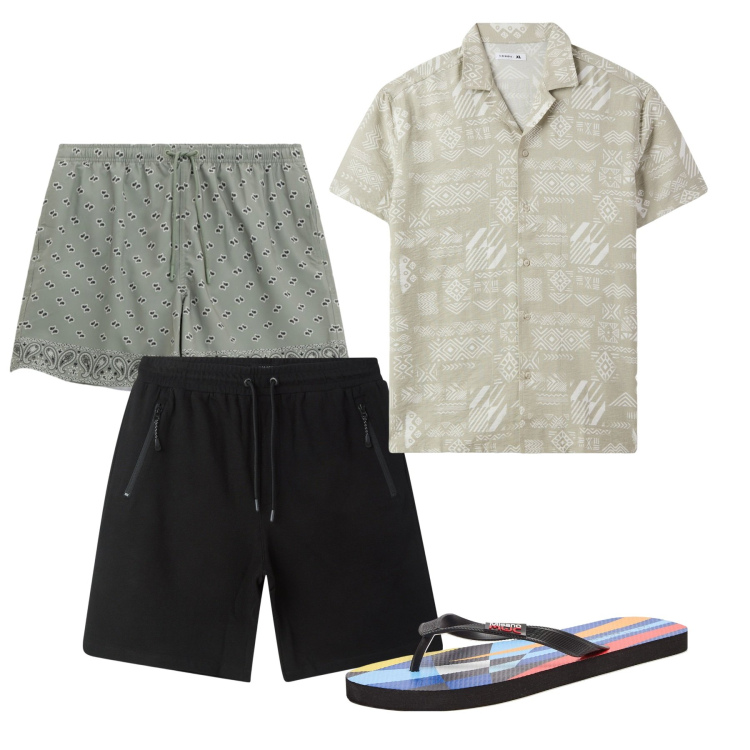 Outfit uomo - Mare. Stile Casual per Mare. Abbinamento con sandali, bermuda, camicie a manica corta, costumi.