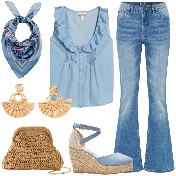Outfit donna - Total Denim \'70!. Stile 70s per Serata fuori. Abbinamento con top, jeans a zampa, borse a tracolla, foulard, orecchini, sandali.