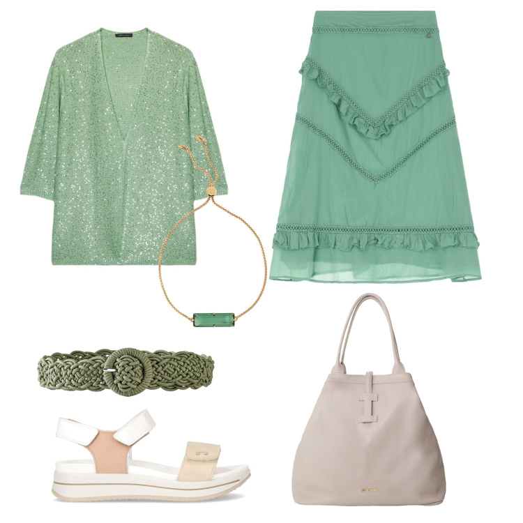 Outfit donna - Un po\' di verde. Stile Romantica per Serata fuori. Abbinamento con cinture, borse tote, gonne longuette, braccialetti, cardigans, sandali.