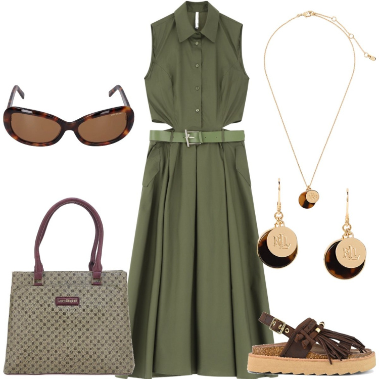 Outfit donna - Total look #2214485. Stile Casual chic per Tutti i giorni. Abbinamento con vestiti senza maniche, orecchini, collane, sandali, occhiali da sole, borse a spalla.