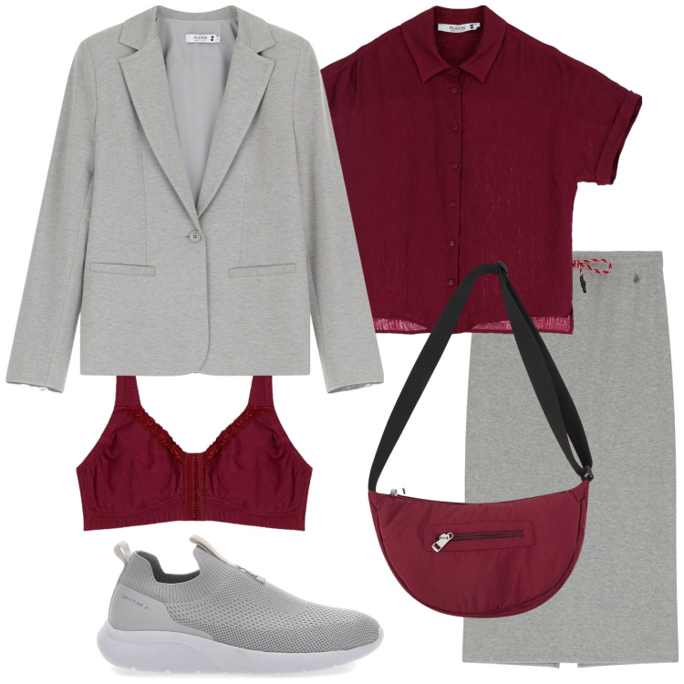 Outfit donna - Il blazer in felpa. Stile Trendy per Tutti i giorni. Abbinamento con reggiseni, borse a tracolla, camicie a manica corta, blazer, gonne longuette, sneakers.