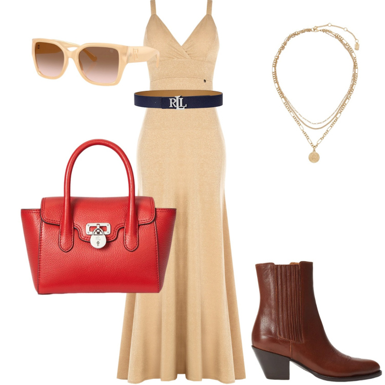Outfit donna - Arancio sole. Stile Casual chic per Serata fuori. Abbinamento con vestiti lunghi, cinture, stivaletti texani, ciondoli, occhiali da sole, borse a mano.
