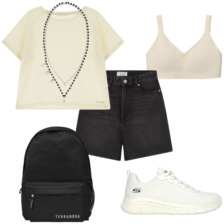 Outfit donna - Total look #2214488. Stile Urban per Tutti i giorni. Abbinamento con bermuda, bralette, zaini, t-shirt, collane, sneakers.