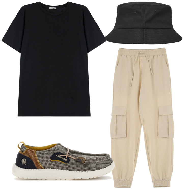 Outfit uomo - Total look #2214490. Stile Trendy per Tutti i giorni. Abbinamento con cappelli, pantaloni cargo, t-shirt, scarpe stringate.