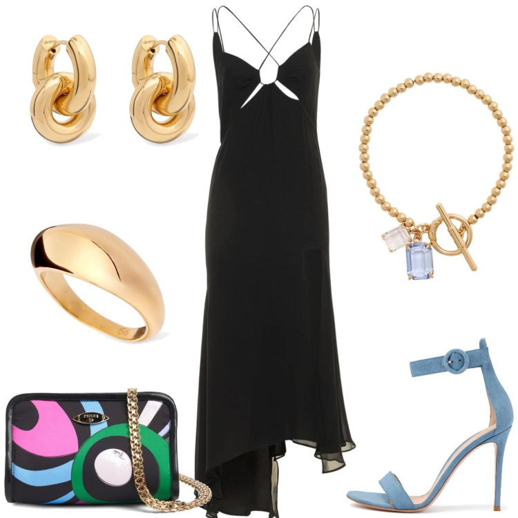 Outfit donna - Total look #2214492. Stile Sexy per Serata fuori. Abbinamento con braccialetti, orecchini, anelli, pochette, sandali in pelle, vestiti midi/longuette.