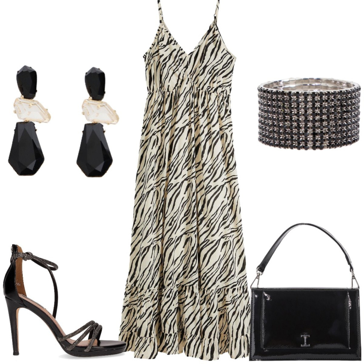Outfit donna - Total look #2214494. Stile Chic per Serata fuori. Abbinamento con vestiti lunghi, borse a tracolla, braccialetti, orecchini, sandali in pelle.