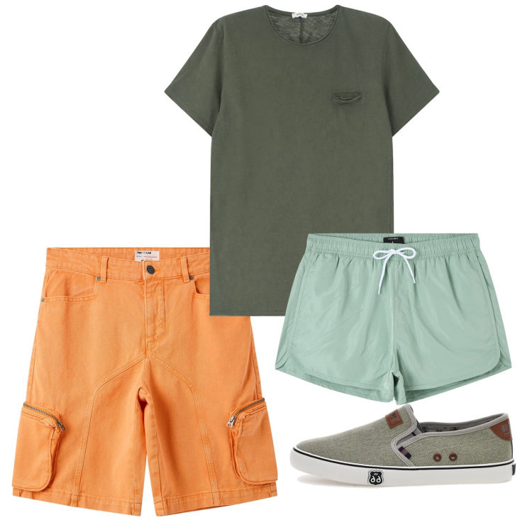 Outfit uomo - Solleone. Stile Casual per Mare. Abbinamento con costumi, pantaloni corti, t-shirt, scarpe stringate.