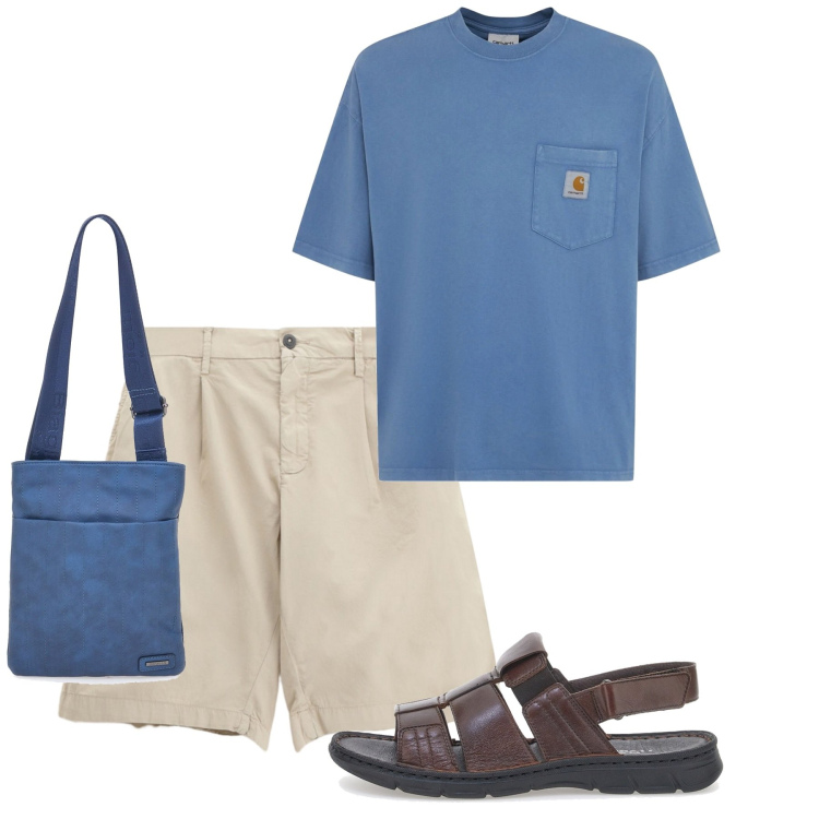 Outfit uomo - Agosto. Stile Casual per Tutti i giorni. Abbinamento con bermuda, portafogli, sandali, t-shirt.