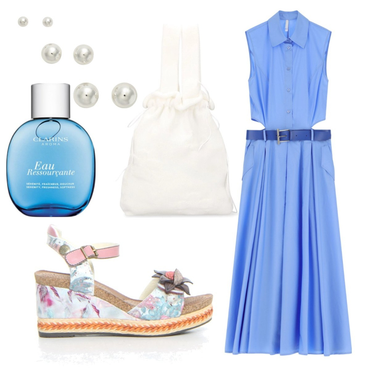 Outfit donna - L’abito cut-out azzurro cielo. Stile Bon Ton per Tutti i giorni. Abbinamento con profumi, vestiti senza maniche, orecchini, sandali, borse a mano.