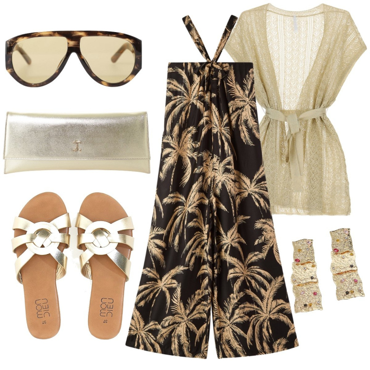 Outfit donna - La tuta con le palme. Stile Boho per Serata fuori. Abbinamento con tute, cappotti, occhiali da sole, pochette, orecchini, ciabatte.
