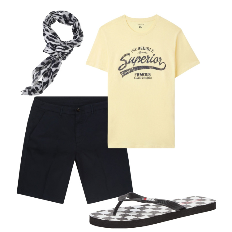 Outfit uomo - Agosto. Stile Casual per Tutti i giorni. Abbinamento con sandali, t-shirt, sciarpe e foulard, bermuda.