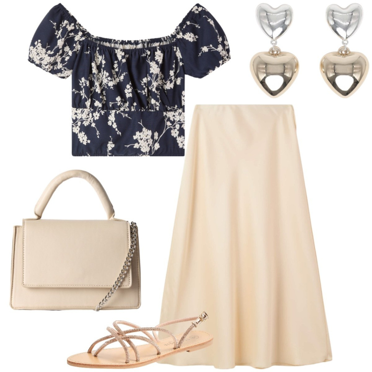 Outfit donna - Total look #2214511. Stile Romantica per Tutti i giorni. Abbinamento con gonne lunghe, sandali, bluse, orecchini, borse a tracolla.