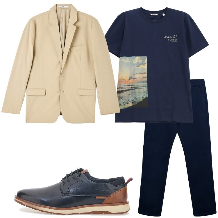 Outfit uomo - Completi spezzati estivi. Stile Trendy per Serata speciale. Abbinamento con pantaloni chino, giacche, t-shirt, scarpe stringate.
