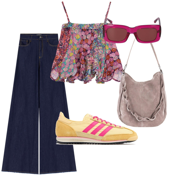 Outfit donna - Agosto. per Tutti i giorni. Abbinamento con borse a mano, canottiere, jeans a zampa, occhiali da sole, sneakers.