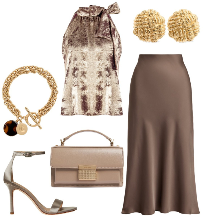Outfit donna - Serata fuori. Stile Chic per Serata fuori. Abbinamento con top, braccialetti con ciondoli, sandali col tacco, gonne, borse a mano, orecchini.
