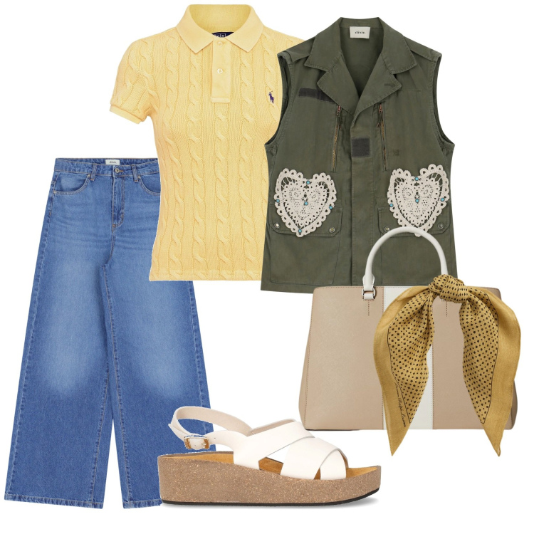 Outfit donna - Vacanze in trentino. per Tutti i giorni. Abbinamento con jeans, gilet, borse a mano, foulard, sandali, polo.