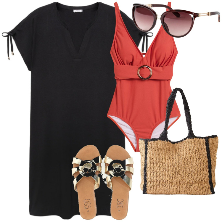 Outfit donna - Mare mare. per Mare. Abbinamento con costumi interi, occhiali da sole, shopping bag, vestiti midi/longuette, ciabatte.
