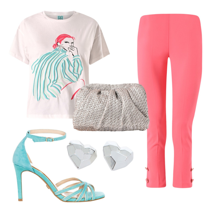 Outfit donna - Total look #2214524. Stile Casual chic per Tutti i giorni. Abbinamento con t-shirt, sandali col tacco, clutch, pantaloni, orecchini.