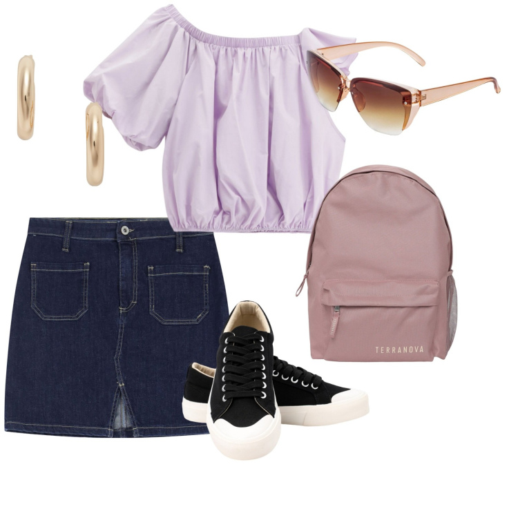 Outfit donna - Metti un giorno tra amiche. per Mare. Abbinamento con occhiali da sole, zaini, minigonne, top, orecchini, sneakers.