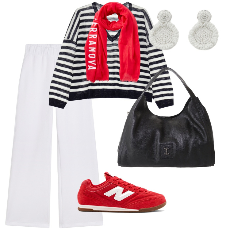 Outfit donna - Mare di settembre. per Mare. Abbinamento con foulard, sneakers, pochette, pantaloni, maglieria, orecchini.