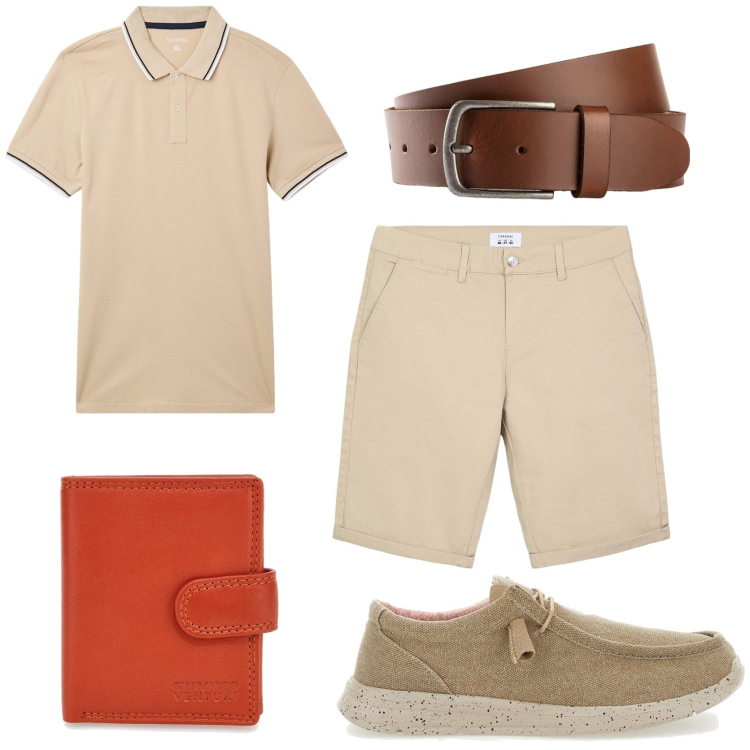 Outfit uomo - Sportivo ed elegante. Stile Trendy per Tutti i giorni. Abbinamento con cinture, bermuda, polo, scarpe stringate, portafogli.
