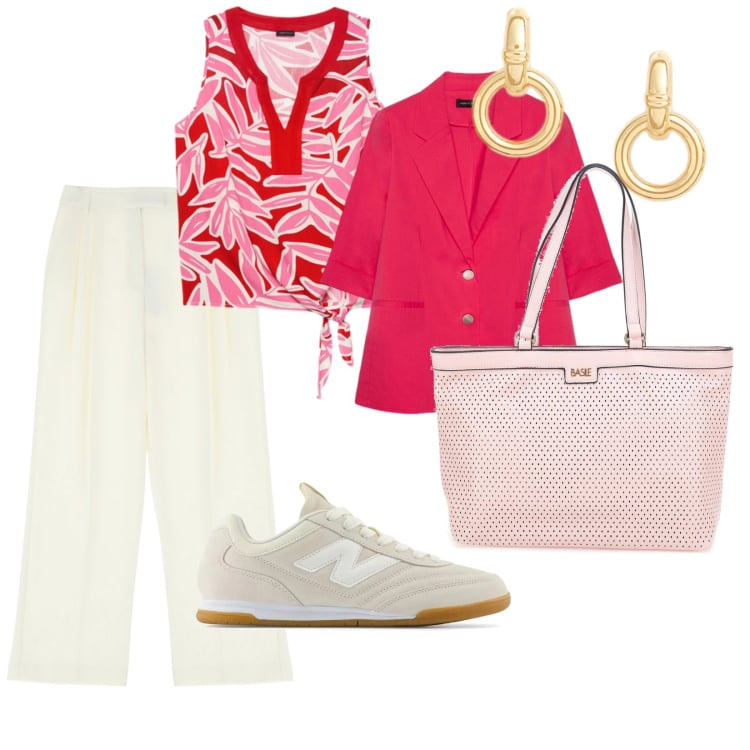 Outfit donna - Da domani ferie. per Ufficio. Abbinamento con sneakers, pantaloni, orecchini, blazer, top, borse a spalla.