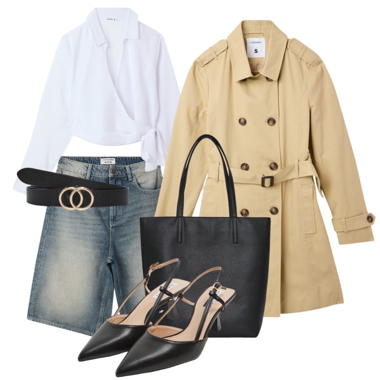 Outfit donna - Total look #2214536. Stile Trendy per Serata fuori. Abbinamento con bermuda, trench, camicie, sabot, borse tote, cinture.