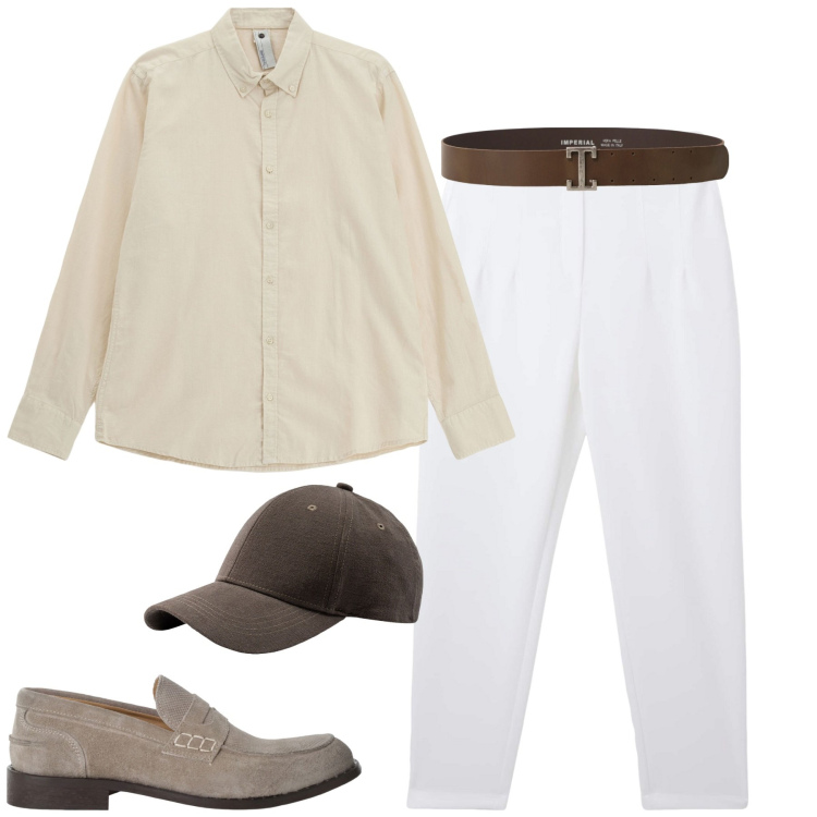 Outfit uomo - La coreana in lino sabbia. Stile Trendy per Serata speciale. Abbinamento con pantaloni chino, cinture, scarpe stringate, camicie, cappelli con visiera.