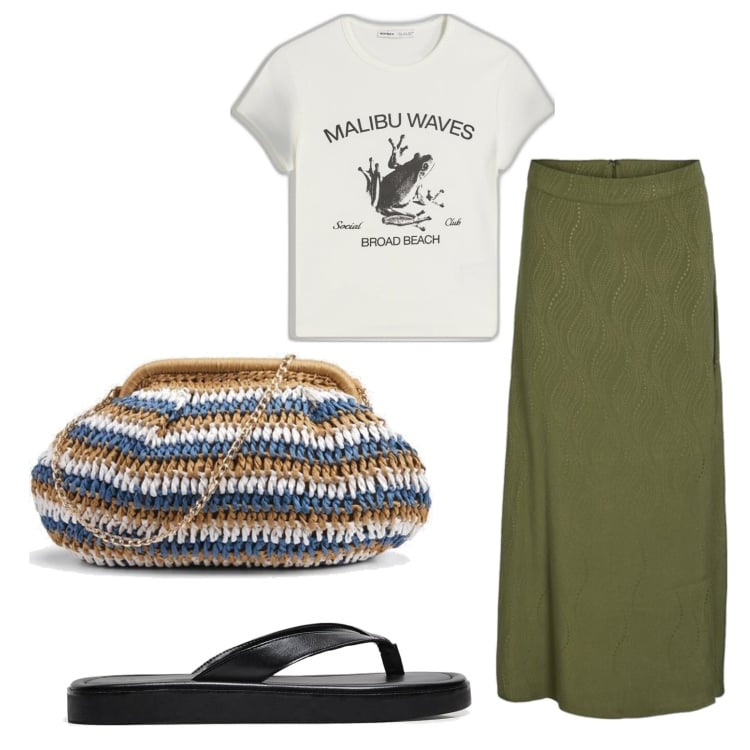 Outfit mujer - Urban style. Estilo Urban para Todos los días. Combinación con falda longuette, bolsos de mano, sandalias, camiseta.