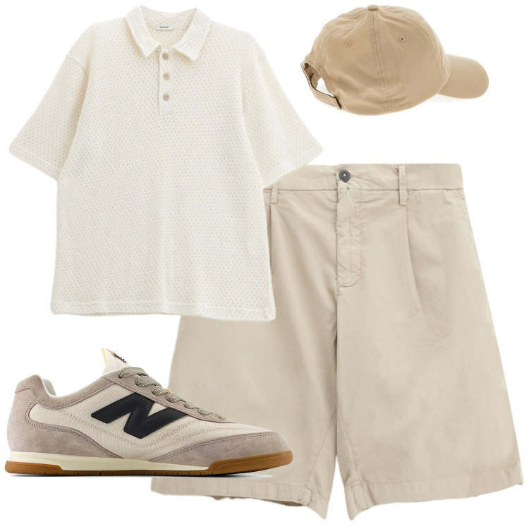 Outfit uomo - Toni neutri. Stile Urban per Tutti i giorni. Abbinamento con bermuda, polo, cappelli, sneakers.