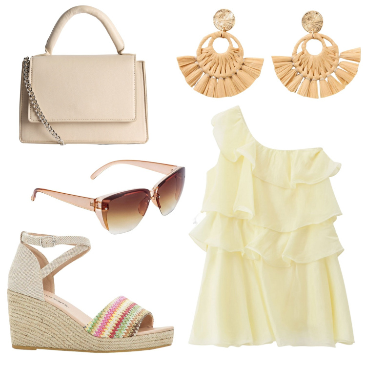 Outfit donna - Visita turistica. Stile Casual per Mare. Abbinamento con occhiali da sole, orecchini, sandali, borse a tracolla, vestiti corti.